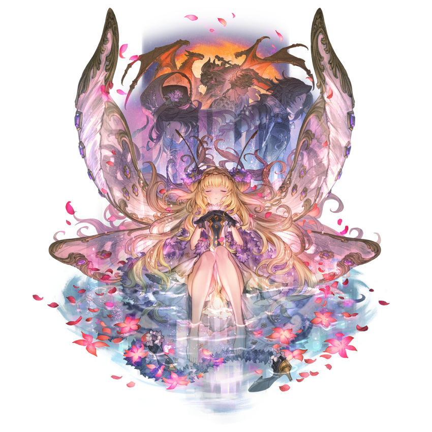 1girl antennae arthropod_girl bangs bare_shoulders black_gloves blonde_hair blush breasts bug butterfly butterfly_wings cape closed_eyes double_bun dress eyebrows_visible_through_hair floating_hair flower full_body fur_trim gloves granblue_fantasy hair_flower hair_ornament high_heels lancelot_(granblue_fantasy) long_hair official_art on_water parted_lips purple_eyes shoes shoes_removed siegfried_(granblue_fantasy) sitting small_breasts solo_focus sylph_(granblue_fantasy) vane_(granblue_fantasy) wings