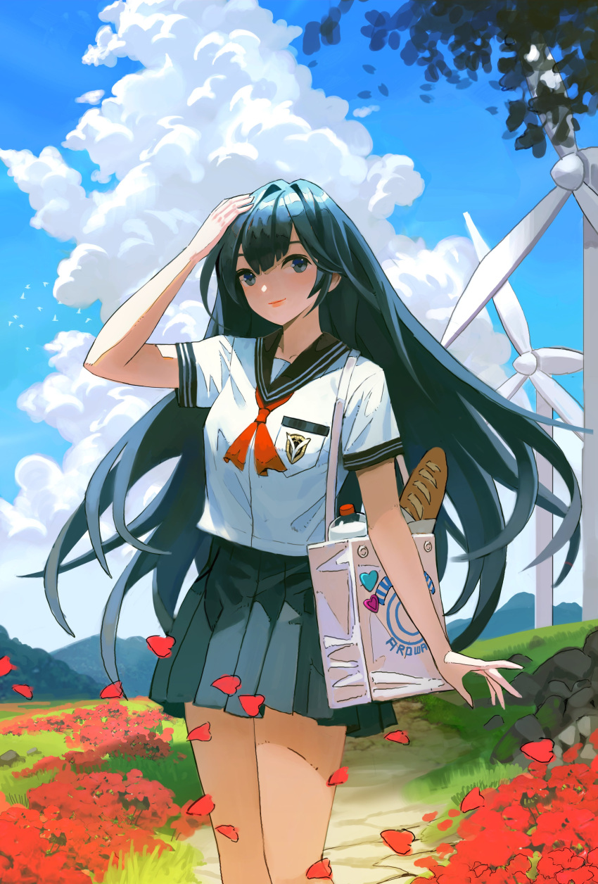 1girl absurdres arowana2111 bag blue_eyes blue_hair blush bottle bread closed_mouth cloud cloudy_sky cumulonimbus_cloud flower food grass grey_skirt hand_on_own_head heart highres long_hair mountain original outdoors petals red_flower rock school_uniform shopping_bag skirt sky smile solo uniform white_bag wind wind_turbine