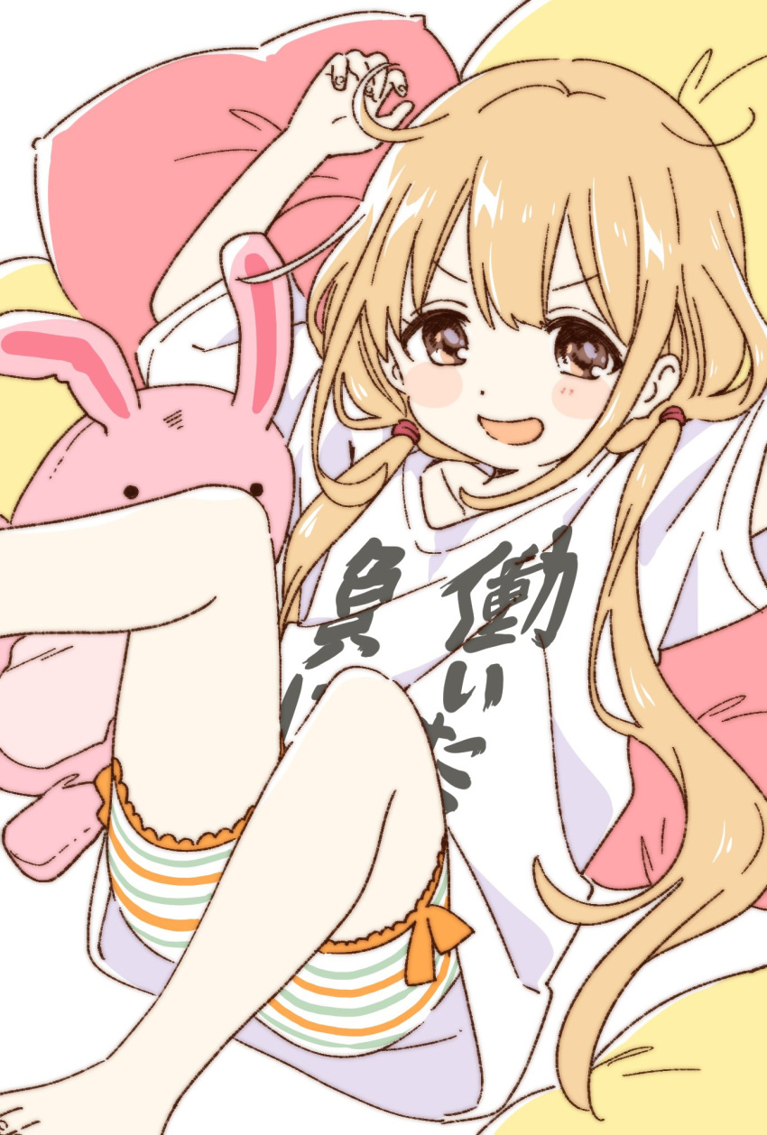 1girl blonde_hair brown_eyes futaba_anzu hair_ornament highres idolmaster idolmaster_cinderella_girls long_hair looking_at_viewer low_twintails namori neet open_mouth shirt smile solo stuffed_animal stuffed_bunny stuffed_toy t-shirt twintails you_work_you_lose