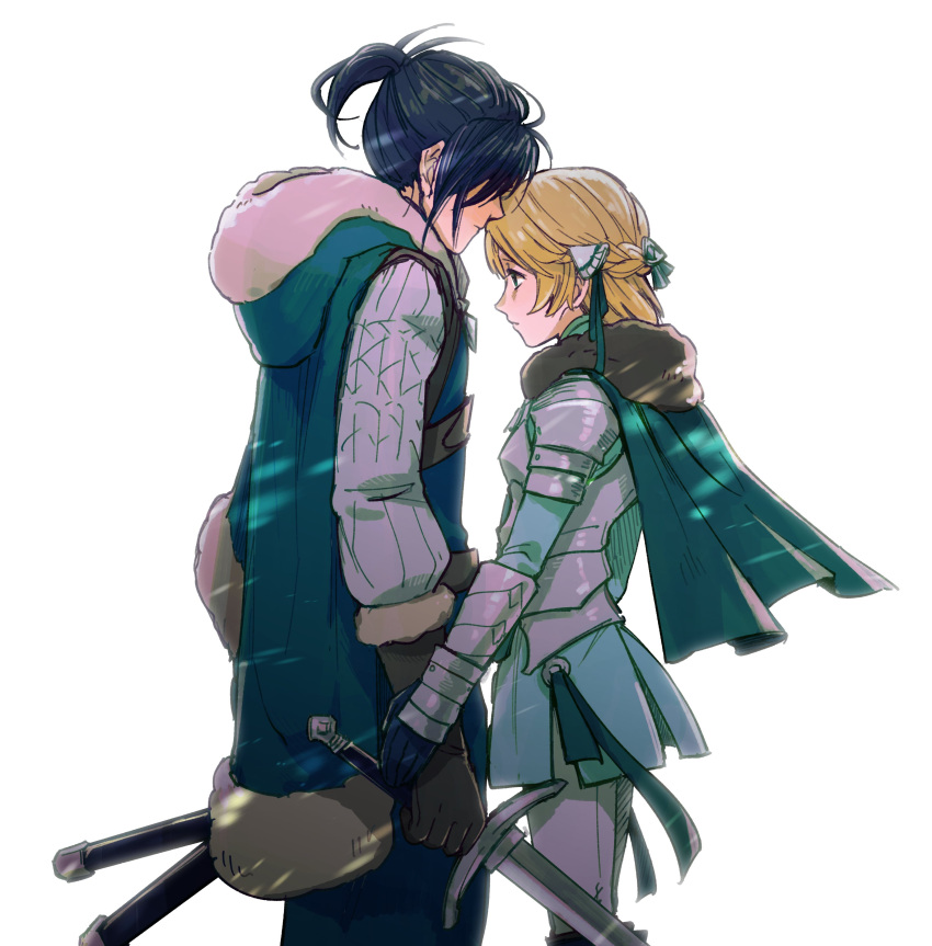 1boy 1girl absurdres armor blonde_hair blue_hair blue_jacket breastplate brown_gloves cape commentary cowboy_shot dress felix_hugo_fraldarius fire_emblem fire_emblem:_three_houses fur-trimmed_hood fur_trim gloves green_cape green_ribbon hair_ribbon highres holding holding_sword holding_weapon hood hooded_jacket ingrid_brandl_galatea jacket long_sleeves pants ponytail ribbon short_dress short_hair shoulder_armor simple_background standing sword vambraces weapon white_background white_pants yo_mo