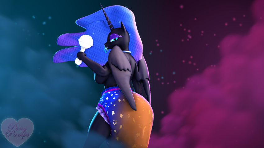 3d_(artwork) anthro big_breasts black_body bodily_fluids breasts butt clothed clothing diaper diaper_fetish diaper_fur diaperfurry digital_media_(artwork) equid equine feces female friendship_is_magic genital_fluids hair hasbro hi_res horn horse infantilism mammal messy_diaper my_little_pony nightmare_moon_(mlp) pacifier pacifier_in_mouth pony pony_pamps ponytail pooping scat soiled_diaper soiling soiling_diaper solo source_filmmaker topless topless_female unicorn_horn urine wet_diaper wetting wetting_diaper winged_unicorn wings