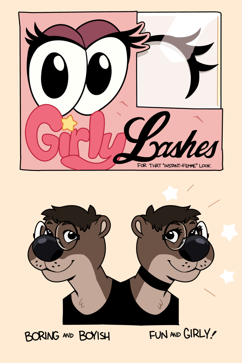 2018 advertisement anthro big_nose black_clothing black_nose black_shirt black_topwear blackshirtboy brown_body brown_eyebrows brown_fur brown_hair choker clothing collar cursive cursive_writing duo english_text eyebrows eyelashes eyewear fur glasses glistening glistening_eyes glistening_nose hair hi_res jewelry lutrine male mammal motion_lines mustelid necklace otter_(blackshirtboy) purple_eyelids round_glasses shirt short_hair simple_background star tan_background text topwear whisker_spots