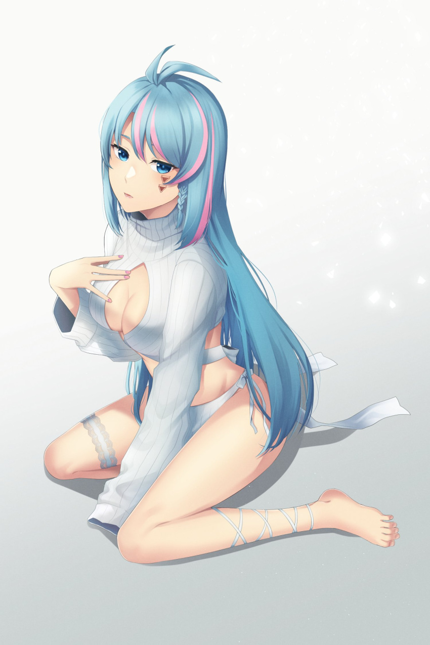 1girl angon623 azura_cecillia barefoot blue_eyes blue_hair breasts cleavage_cutout clothing_cutout cropped_sweater facial_mark grey_panties grey_sweater hand_on_own_chest highres long_hair looking_at_viewer medium_breasts multicolored_hair nijisanji nijisanji_id panties pink_hair pink_nails sitting sleeves_past_fingers sleeves_past_wrists solo streaked_hair sweater thigh_strap underwear virtual_youtuber wariza