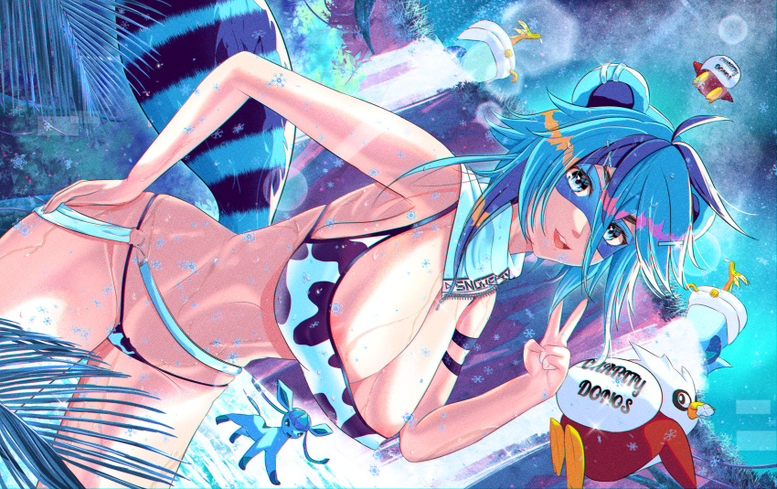 1girl absurdres alternate_breast_size alternate_color alternate_costume alternate_hairstyle animal_ears animal_print arctozolt bikini blue_eyes blue_hair breasts cleavage cow_print dark_blue_hair delibird glaceon hand_on_hip highres indie_virtual_youtuber kevin_tower large_breasts medium_hair multicolored_hair open_mouth pokemon pokemon_(creature) raccoon raccoon_ears raccoon_girl raccoon_tail scarf snow snuffy_(vtuber) swimsuit tail v virtual_youtuber