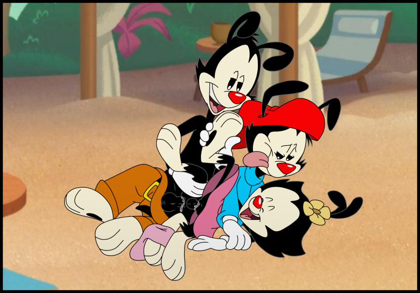 anal animaniacs anthro black_border bodily_fluids border cum dot_warner erection female genital_fluids genitals group group_sex hi_res humanoid incest_(lore) kaion male male/female male/male/female orgy penis pussy sex trio wakko_warner warner_brothers yakko_warner