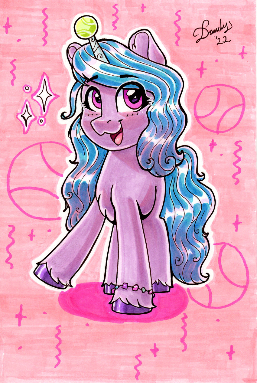 2022 absurd_res ball dandy_(artist) equid equine eyebrow_through_hair eyebrows eyelashes female feral hair hasbro hi_res horn izzy_moonbow_(mlp) long_hair looking_at_viewer mammal mlp_g5 my_little_pony open_mouth open_smile smile solo sparkles tennis_ball traditional_media_(artwork) translucent translucent_hair unicorn