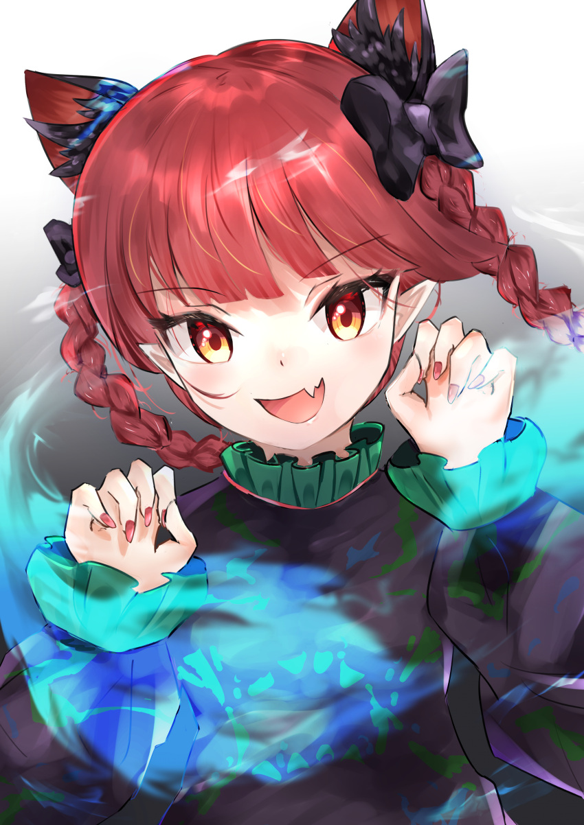 1girl :d absurdres animal_ear_fluff animal_ears bangs black_bow blush bow braid commentary dress extra_ears eyebrows_visible_through_hair fang fingernails gradient gradient_background green_dress hair_bow highres hitodama kaenbyou_rin kyuu_cat long_sleeves looking_at_viewer nail_polish open_mouth orange_eyes paw_pose pointy_ears red_hair red_nails sharp_fingernails skin_fang smile solo standing touhou twin_braids