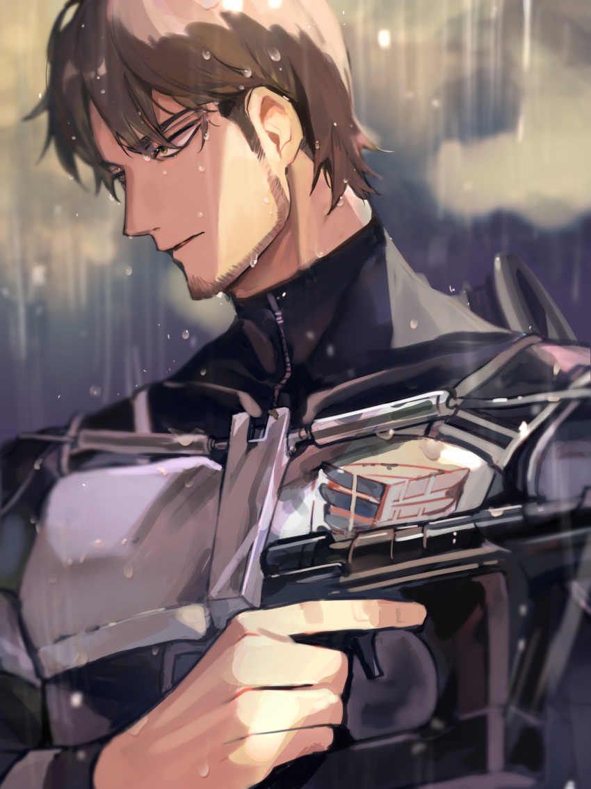 1boy absurdres bangs beard black_shirt brown_hair closed_mouth facial_hair gun handgun highres holding holding_gun holding_weapon jean_kirchstein long_sleeves looking_away male_focus outdoors picube525528 pistol rain shingeki_no_kyojin shirt short_hair solo upper_body weapon wet_face yellow_eyes