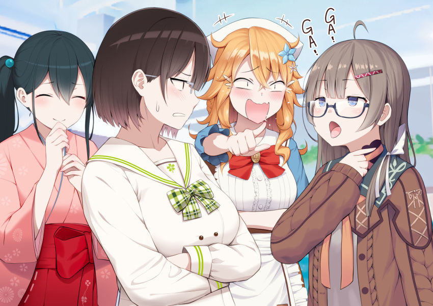 4girls ahoge annoyed apron arm_under_breasts bangs black-framed_eyewear black_hair blue_eyes blush bob_cut bow bowtie breasts brown_cardigan brown_eyes brown_hair candy cardigan center_frills chocolate clenched_teeth closed_eyes closed_mouth crossed_arms crying crying_with_eyes_open diisuke flower food frills glasses hair_flower hair_ornament hairclip heart heart-shaped_chocolate japanese_clothes kataribe_tsumugu kimono large_breasts laughing long_hair long_sleeves looking_at_another multiple_girls neck_ribbon nijisanji onomachi_haruka open_mouth orange_hair orange_ribbon otogibara_era outdoors pink_kimono plaid plaid_bow pointing red_skirt ribbon sailor_collar sash school_uniform semi-rimless_eyewear seto_miyako short_hair skirt smile sweatdrop tears teeth tongue tongue_out under-rim_eyewear upper_body virtual_youtuber wavy_mouth white_apron white_sailor_collar