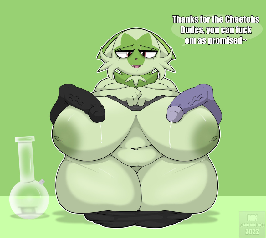 anthro areola balls belly big_breasts black_penis bodily_fluids bong bottomwear bottomwear_down breasts clothed clothing disembodied_penis drugs english_text female genital_fluids genitals green_body green_nipples group half-closed_eyes hand_on_chest hi_res huge_breasts huge_thighs humanoid_genitalia humanoid_penis kneeling looking_at_viewer male mklancer00 narrowed_eyes navel nintendo nipples nude open_mouth orange_eyes overweight overweight_anthro overweight_female pants pants_down partially_clothed penis penis_on_breast pok&eacute;mon pok&eacute;mon_(species) precum profanity puffy_nipples purple_penis raised_clothing raised_shirt raised_topwear shirt speech_bubble sprigatito text thick_thighs topwear video_games