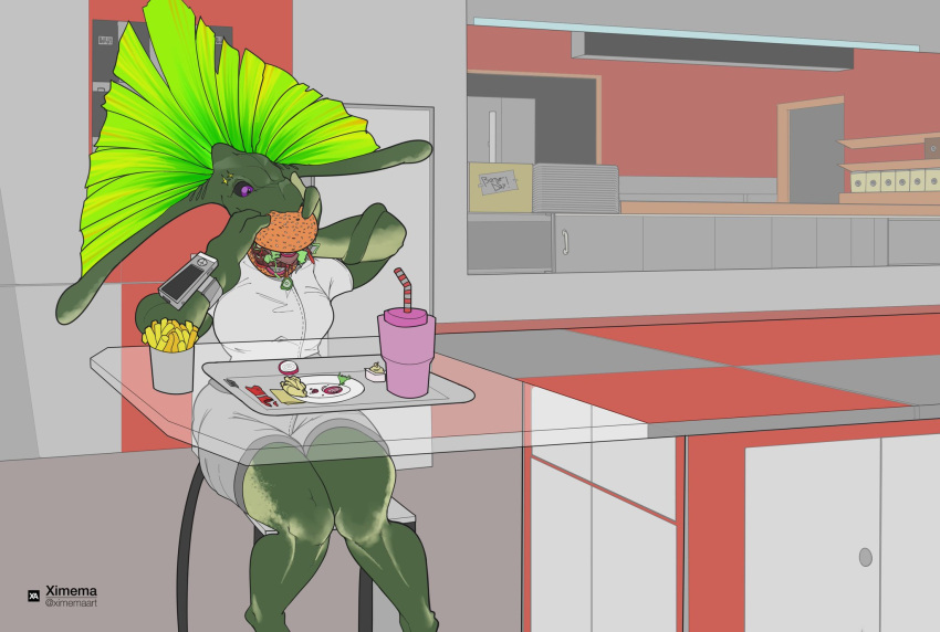 alien anthro beverage bottomwear burger chair clothing eating feather_hair feathers female food food_court fries furniture glass_table hi_res pseudo_hair purple_eyes reptile scalie short-sleeve_shirt shorts sitting solo straw tray valbaran watermark wrist_computer ximema