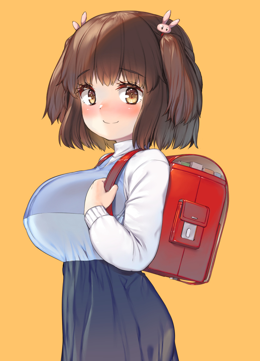 backpack bag breasts brown_eyes brown_hair bunny_hair_ornament dress hair_ornament highres huge_breasts impossible_clothes impossible_dress looking_at_viewer medium_hair oppai_loli original randoseru sakimori_dan smile two_side_up