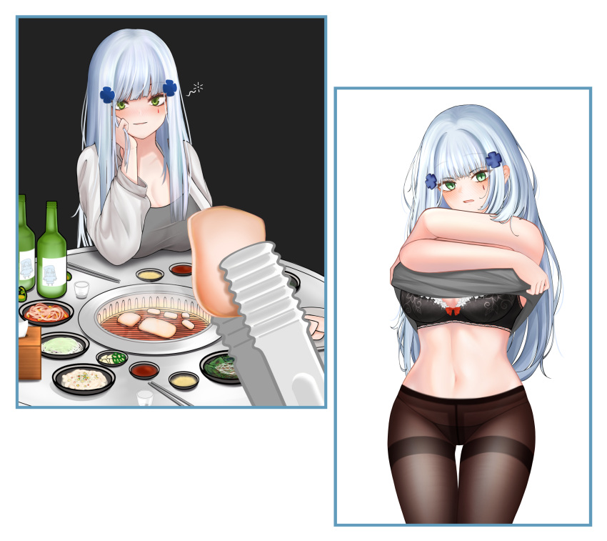 1girl alcohol alternate_costume arm_behind_back bangs black_background black_bra black_legwear black_panties blue_border blue_hair blush border bottle bow bow_bra bra breasts cardigan clothes_lift eyebrows_visible_through_hair feet_out_of_frame food girls'_frontline green_eyes grey_shirt hair_ornament hairclip hand_in_hair hand_on_own_cheek hand_on_own_face highres hk416_(girls'_frontline) long_hair looking_at_viewer medium_breasts navel open_cardigan open_clothes open_mouth paaam panties panties_under_pantyhose pantyhose red_bow shirt shirt_lift sitting solo standing table teardrop_facial_mark teardrop_tattoo underwear white_background white_cardigan