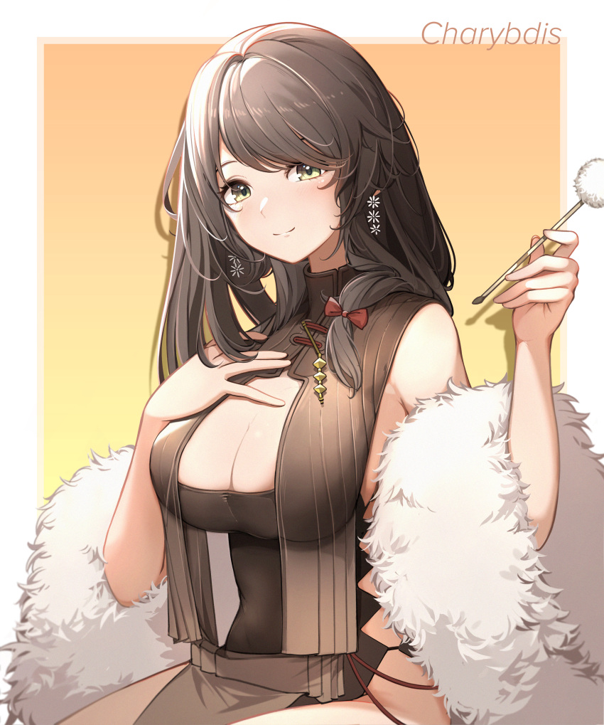 1girl absurdres azur_lane bangs black_hair breasts brown_dress character_name charybdis_(azur_lane) charybdis_(red_chamber_of_healing)_(azur_lane) cleavage closed_mouth dress earrings eyebrows_visible_through_hair green_eyes hand_on_own_chest highres holding jewelry large_breasts long_hair looking_at_viewer rabe26k simple_background smile solo upper_body