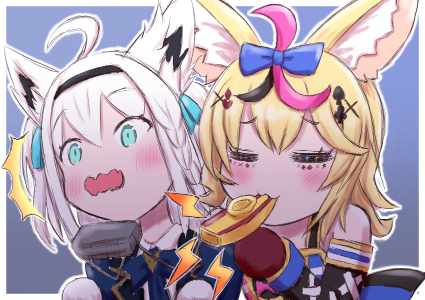 2girls ^^^ absurdres ahoge animal_ear_fluff animal_ears ascot bangs blonde_hair blue_ascot blue_background blue_jacket blush border braid closed_eyes commentary_request eyebrows_visible_through_hair fox_ears fox_girl gabe_laven green_eyes hair_between_eyes hair_ornament hair_ribbon hairband hairclip harmonica highres hololive instrument jacket kazoo multiple_girls music omaru_polka open_mouth playing_instrument ribbon shirakami_fubuki short_hair sidelocks simple_background single_braid virtual_youtuber wavy_mouth white_hair