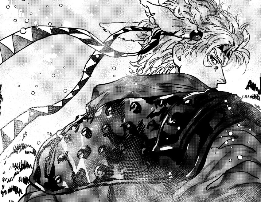 1boy battle_tendency caesar_anthonio_zeppeli covered_mouth facial_mark feather_hair_ornament feathers greyscale hair_ornament halftone hatching_(texture) headband jojo_no_kimyou_na_bouken looking_back male_focus monochrome nitako outdoors scarf short_hair sideways_glance snowing solo tree upper_body