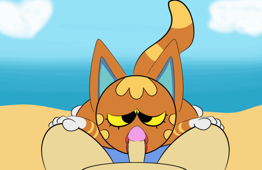 animal_crossing animated anthro beach beach_towel big_butt brown_body brown_fur butt cloud duo female fur genitals hand_on_leg human katt_(animal_crossing) licking lying male male/female mammal narrowed_eyes nintendo on_front oral penile penis penis_lick pokesiimii sand sea seaside sex slightly_chubby_male tail_motion tailwag thick_thighs tongue tongue_out towel video_games water yellow_eyes