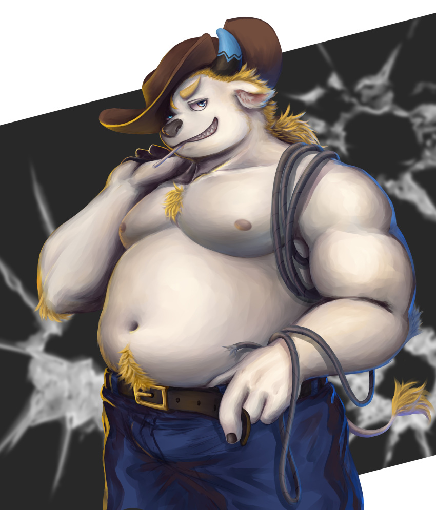 2022 absurd_res anthro babe_bunyan belly bottomwear bovid bovine bulge cattle clothing cowboy cowboy_hat guadr hat headgear headwear hi_res humanoid_hands lifewonders male mammal moobs navel nipples overweight overweight_male pants solo tokyo_afterschool_summoners video_games white_body