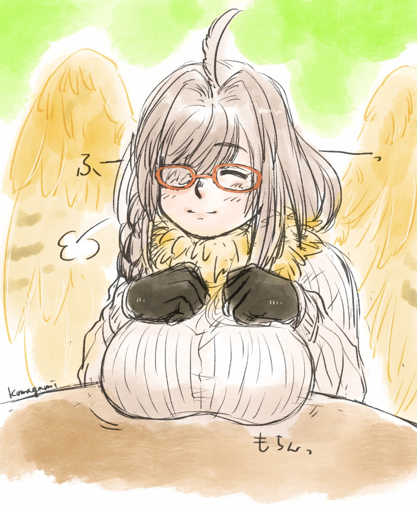 1girl ahoge animal_hands blush breast_rest breasts brown_hair commentary_request feathered_wings feathers glasses green_background hair_intakes hair_over_one_eye harpy highres kumagamike large_breasts long_hair monster_girl neck_ruff one_eye_covered red-framed_eyewear smile solo tokyo_afterschool_summoners white_feathers wings ziz_(housamo)