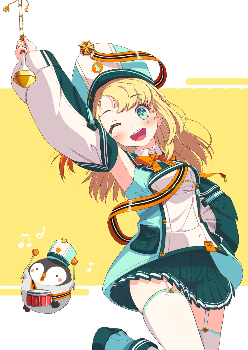 1girl absurdres arm_up band_uniform bird blonde_hair detached_sleeves drum fukurou_(hukurou) garter_straps green_eyes hat highres instrument majorette marching_band marching_band_baton multicolored_hair one_eye_closed one_side_up orange_hair pengin_pina penguin penguin_girl pleated_skirt prism_project sailor_collar sash shako_cap skirt solo thighhighs two-tone_hair virtual_youtuber