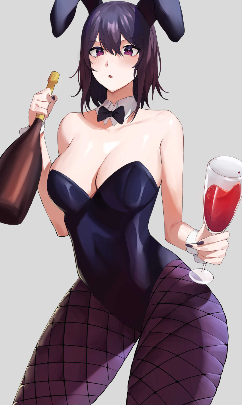 1girl absurdres alcohol animal_ears bangs bare_shoulders black_hair blush bottle bow bowtie breasts cleavage detached_collar feet_out_of_frame fingernails fishnets glass grey_background hair_between_eyes hands_up highres holding holding_bottle large_breasts looking_at_viewer nail_polish open_mouth original playboy_bunny purple_eyes rabbit_ears rororo short_hair simple_background sleeveless solo standing wine