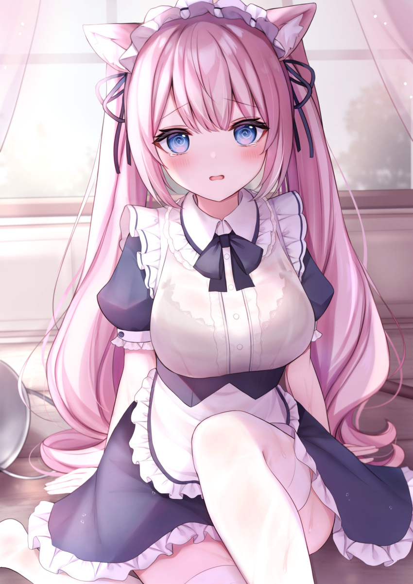 1girl @_@ absurdres animal_ears black_ribbon blue_eyes cat_ears eyebrows_visible_through_hair frilled_hairband frills hair_ribbon hairband highres komari_mhy long_hair looking_at_viewer maid maid_headdress moe2022 original pink_hair puffy_short_sleeves puffy_sleeves ribbon see-through short_sleeves solo tears thighhighs twintails wet wet_clothes white_legwear window