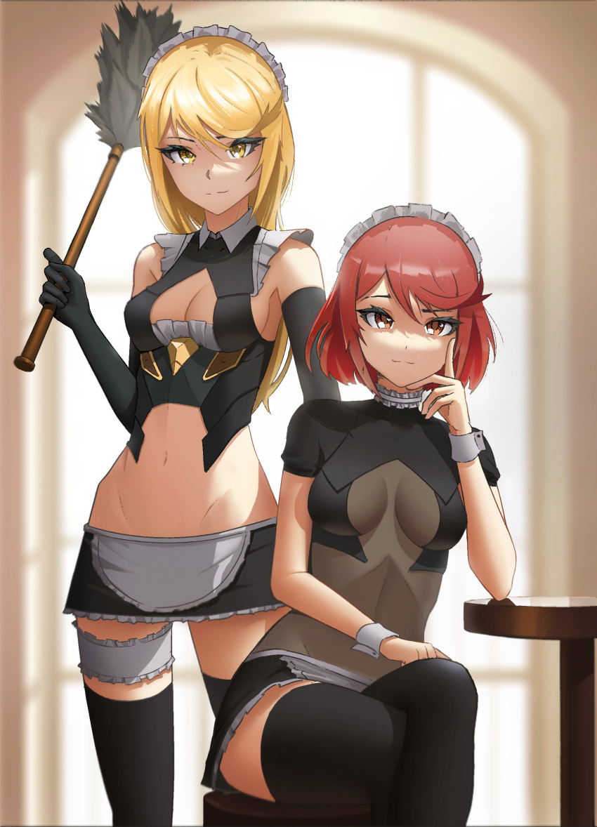 2girls absurdres apron bare_shoulders black_gloves black_legwear black_skirt blonde_hair breasts cleavage cleavage_cutout clothing_cutout elbow_gloves frills gloves head_on_hand head_rest highres indoors lem long_hair looking_at_viewer maid maid_apron maid_headdress medium_breasts multiple_girls mythra_(xenoblade) navel orange_eyes pyra_(xenoblade) red_hair shiny shiny_hair short_hair sideboob sitting skirt smile standing thighhighs white_apron wrist_cuffs xenoblade_chronicles_(series) xenoblade_chronicles_2 yellow_eyes