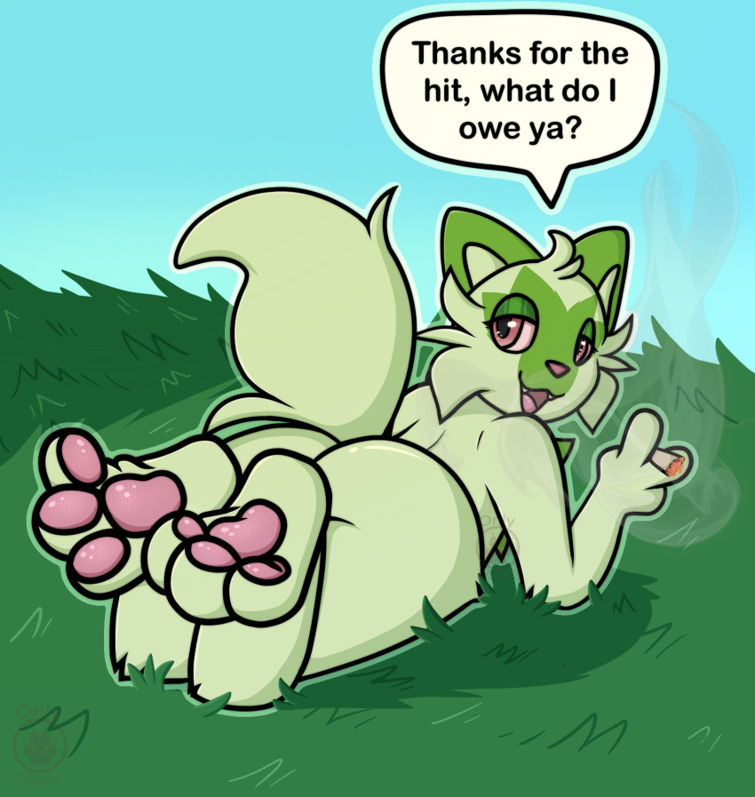 3_toes ambiguous_gender anthro bedroom_eyes big_butt butt cat_smile cel_shading cheek_tuft dialogue dialogue_box drugs eyelashes eyelids facial_tuft fangs feet felid field fluffy fluffy_tail foot_fetish foot_focus fur grass green_body green_fur hair head_tuft hi_res highlights_(coloring) hindpaw legs_up lying mammal marijuana narrowed_eyes nintendo on_front onlypaws pawpads paws pink_pawpads plant pok&eacute;mon pok&eacute;mon_(species) poking presenting raised_hand raised_tail red_eyes seductive shaded simple_background small_nose smoke smoke_from_mouth solo solo_focus speech_bubble spread_toes sprigatito stoned substance_intoxication teeth text thick_tail thick_thighs toe_curl toes tuft video_games wide_hips wrinkled_feet