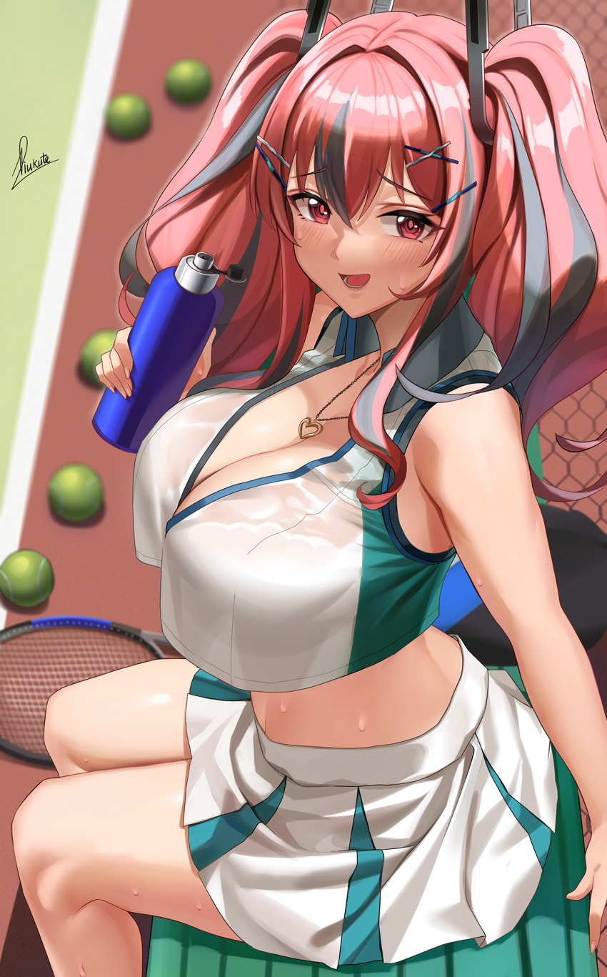 1girl azur_lane ball bangs bare_shoulders blush bottle bralines breasts bremerton_(azur_lane) bremerton_(scorching-hot_training)_(azur_lane) cleavage collarbone crop_top crop_top_overhang grey_hair hair_ornament heart heart_necklace highres large_breasts long_hair looking_at_viewer multicolored_hair open_mouth pink_eyes pink_hair piukute062 racket shirt sidelocks sitting sleeveless sleeveless_shirt smile solo sportswear streaked_hair sweat tennis_ball tennis_racket tennis_uniform twintails two-tone_shirt two-tone_skirt water_bottle x_hair_ornament