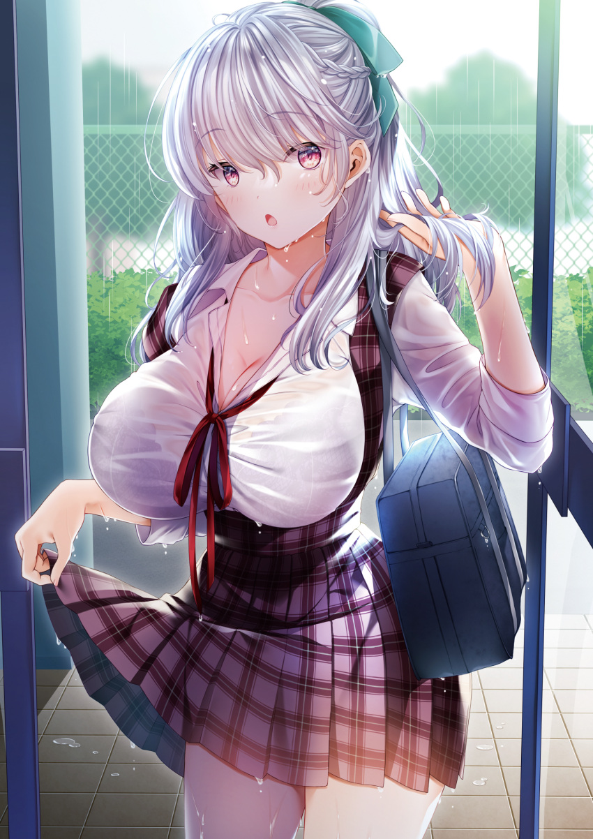 1girl :o bag bangs blush bra_visible_through_clothes braid bralines breasts chain-link_fence cleavage collarbone cowboy_shot day dripping drop.b fence green_ribbon grey_hair grey_skirt hair_ribbon half_updo hand_in_hair hand_up high-waist_skirt highres large_breasts long_hair looking_at_viewer miniskirt moe2022 neck_ribbon original plaid pleated_skirt purple_eyes purple_skirt rain red_ribbon ribbon school_bag school_uniform see-through shirt shoulder_bag silver_hair skirt skirt_hold sleeves_past_elbows suspender_skirt suspenders tile_floor tiles wet wet_clothes wet_hair wet_shirt wet_skirt