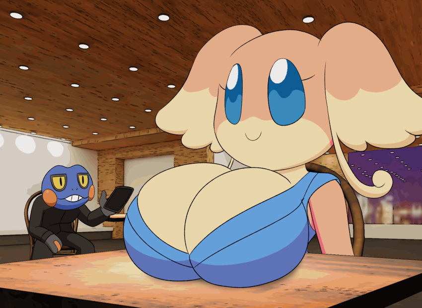 4_fingers animated anthro audino between_breasts big_breasts blinking breast_rest breasts cellphone chair cleavage clothed clothing croagunk desk duo female fingers furniture hi_res holding_cellphone holding_object holding_phone huge_breasts inside male nintendo phone pok&eacute;mon pok&eacute;mon_(species) short_playtime sitting smile table tansau video_games