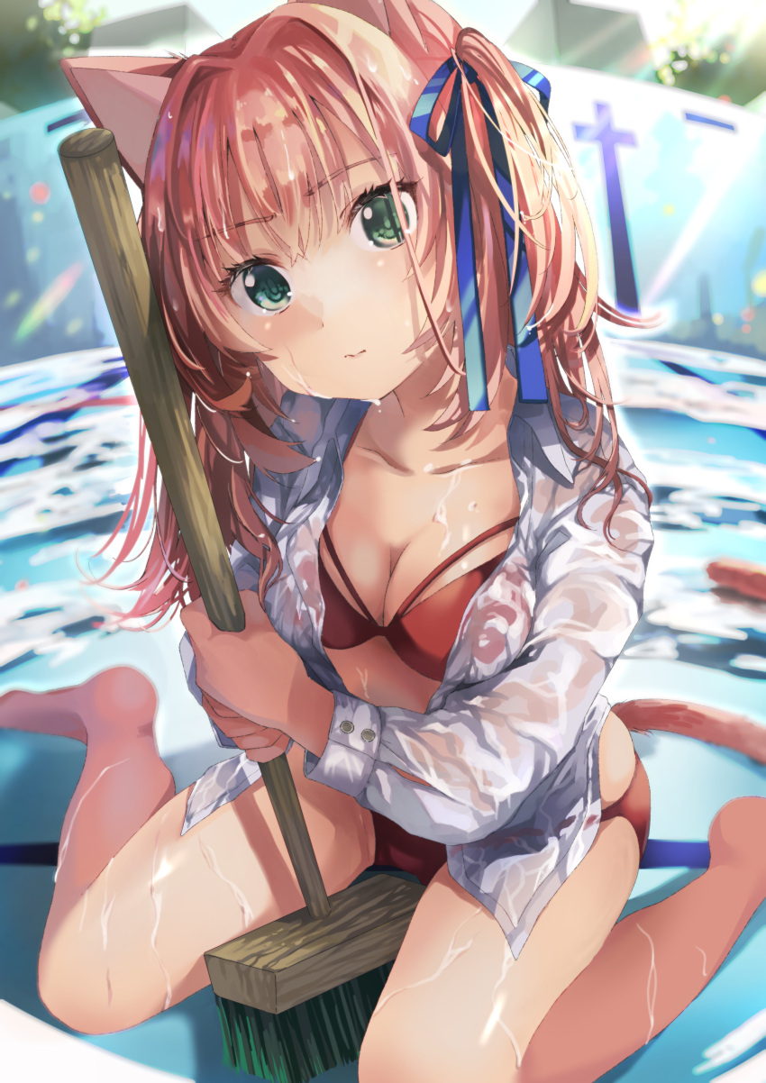 1girl absurdres animal_ears bangs between_legs bikini bikini_under_clothes blue_ribbon breasts broom brown_hair cat_ears cat_tail cleaning cleavage closed_mouth collarbone empty_pool green_eyes hair_ribbon highres hiromi_yuki holding holding_broom long_hair looking_at_viewer open_clothes open_shirt original outdoors pool red_bikini ribbon see-through shirt sitting small_breasts starting_block swimsuit tail two_side_up wariza wet wet_clothes wet_shirt white_shirt