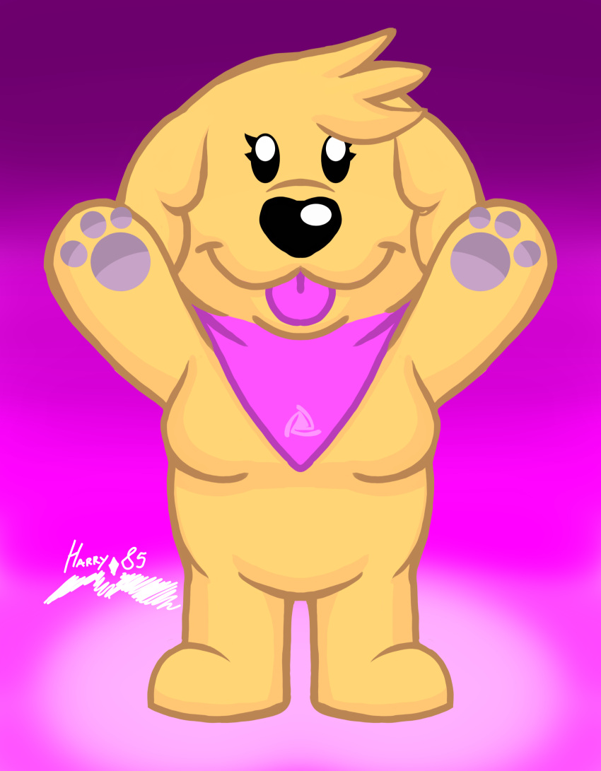 absurd_res anthro arms_above_head breasts canid canine canis cooper_dankev crossgender dankev_(youtuber) domestic_dog female firma fur harry_85 hi_res kerchief lomito_dankev mammal pink_tongue shaded signature simple_background solo tongue tongue_out yellow_body yellow_fur youtube youtuber