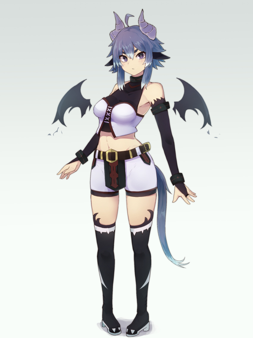 1girl ahoge bangs belt black_footwear black_gloves boots breasts bridal_gauntlets commentary_request demon_girl detached_wings elbow_gloves gloves gradient gradient_background grey_background grey_hair hair_between_eyes highres horns looking_at_viewer medium_breasts midriff original pigeon-toed purple_eyes short_hair shorts simple_background solo standing tail thigh_boots thighhighs white_shorts wings yonaga_san