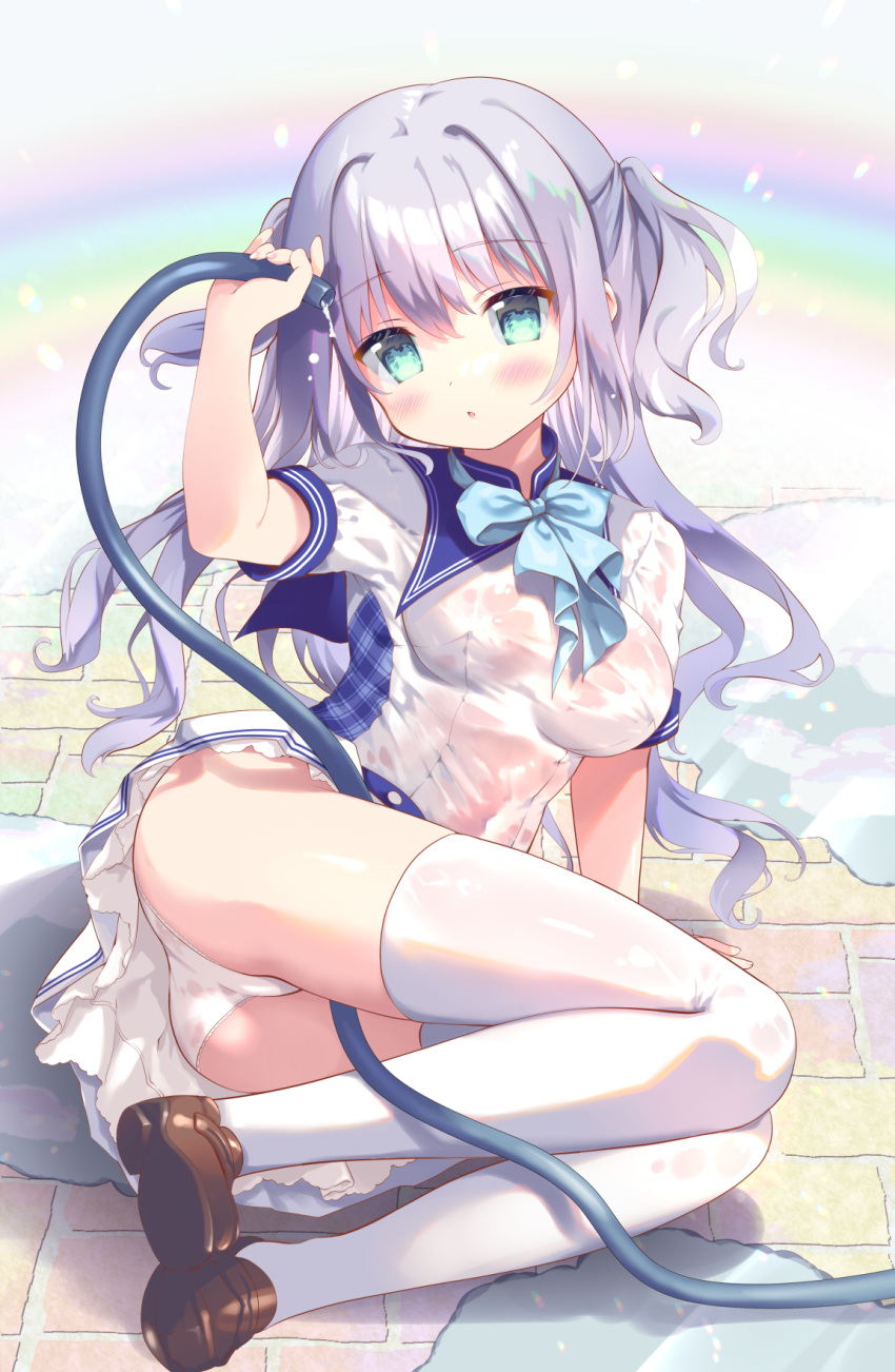 1girl amanagi_seiji arm_up ass bangs between_thighs blue_bow blush bow breasts brown_footwear commentary eyebrows_visible_through_hair green_eyes grey_hair hair_between_eyes highres holding hose loafers long_hair medium_breasts moe2022 original panties parted_lips plaid pleated_skirt puddle puffy_short_sleeves puffy_sleeves rainbow shirt shoe_soles shoes short_sleeves skirt solo thighhighs two_side_up underwear very_long_hair water wet wet_clothes wet_shirt white_legwear white_panties white_shirt white_skirt