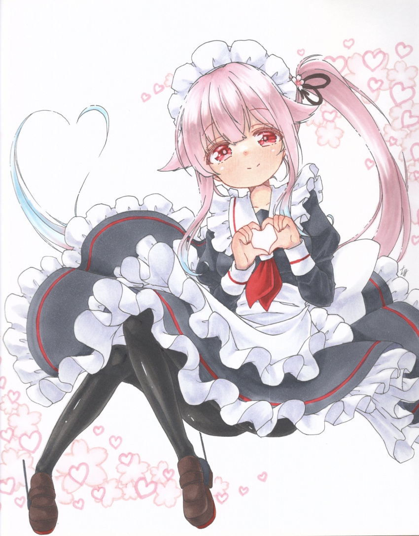 1girl adapted_costume alternate_costume apron bangs black_dress black_legwear blue_hair blush brown_footwear closed_mouth commentary_request dress enmaided flower frilled_apron frilled_dress frills full_body gradient_hair hair_flaps hair_flower hair_ornament harusame_(kancolle) heart heart_background heart_hair heart_hands highres kantai_collection loafers long_hair long_sleeves looking_at_viewer maid maid_apron maid_headdress multicolored_hair neckerchief pantyhose pink_hair puffy_sleeves red_eyes red_neckerchief red_neckwear ribbon shoes side_ponytail smile solo traditional_media waist_apron white_apron wrist_cuffs yuuki_chima