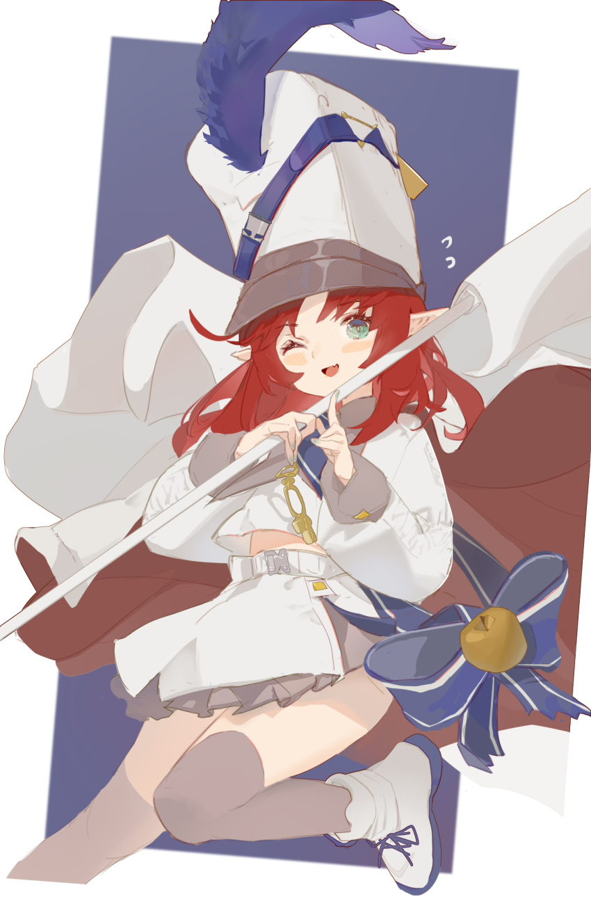 1girl arknights atianshi bell blue_bow blush_stickers boots bow brown_legwear commentary_request fang flag flower flying_sweatdrops green_eyes hat highres holding holding_flower jacket long_hair long_sleeves looking_at_viewer myrtle_(arknights) myrtle_(light_gold_celebration)_(arknights) official_alternate_costume one_eye_closed open_mouth pointy_ears purple_background red_hair shako_cap skin_fang skirt smile solo thighhighs white_background white_flag white_footwear white_headwear white_jacket white_skirt
