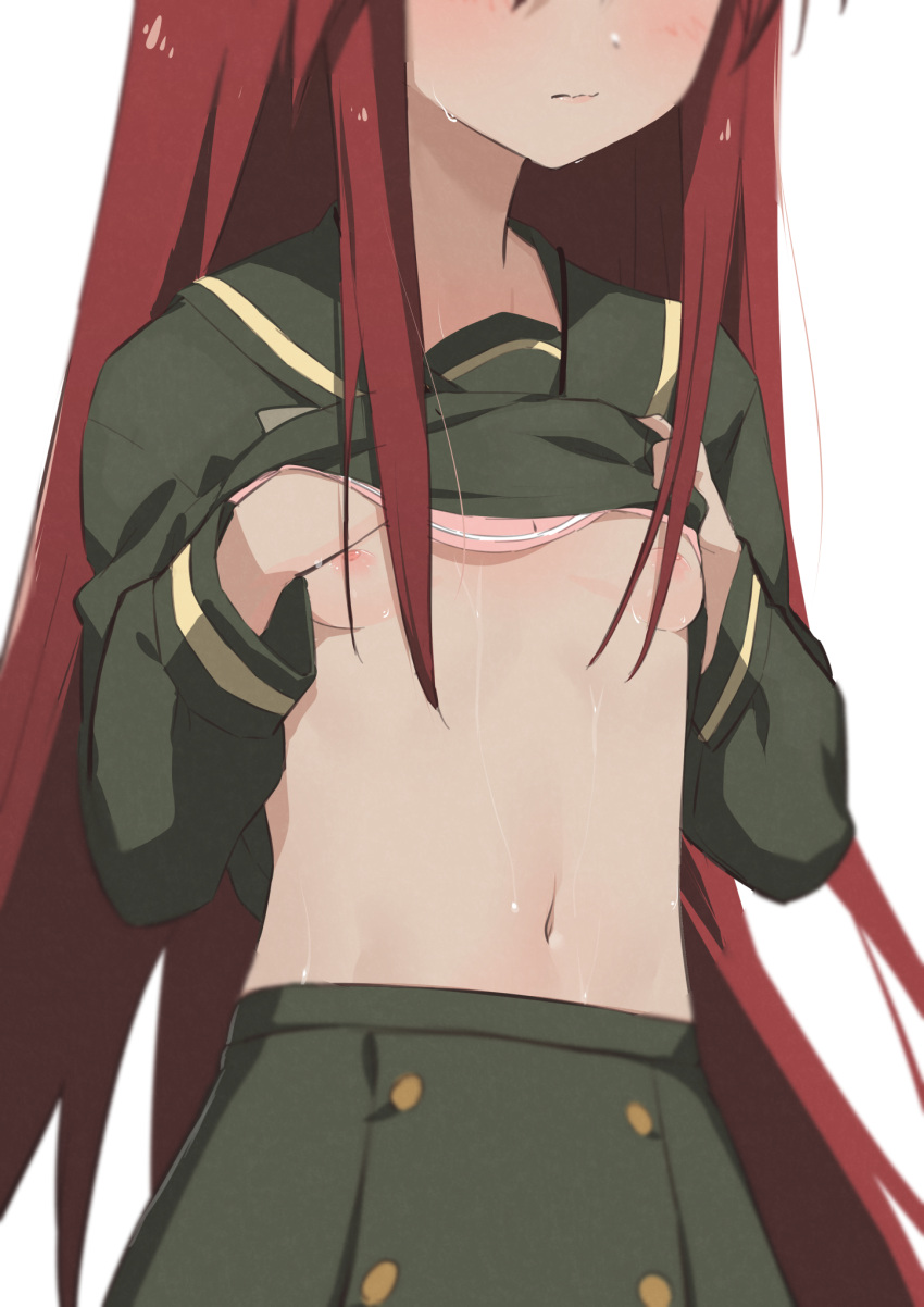 1girl bra bra_lift breasts closed_mouth clothes_lift green_sailor_collar green_serafuku green_shirt green_skirt head_out_of_frame highres lifted_by_self long_hair long_sleeves morisobo navel nipples pink_bra red_hair sailor_collar school_uniform serafuku shakugan_no_shana shana shirt shirt_lift simple_background skirt small_breasts solo sweat underwear very_long_hair white_background