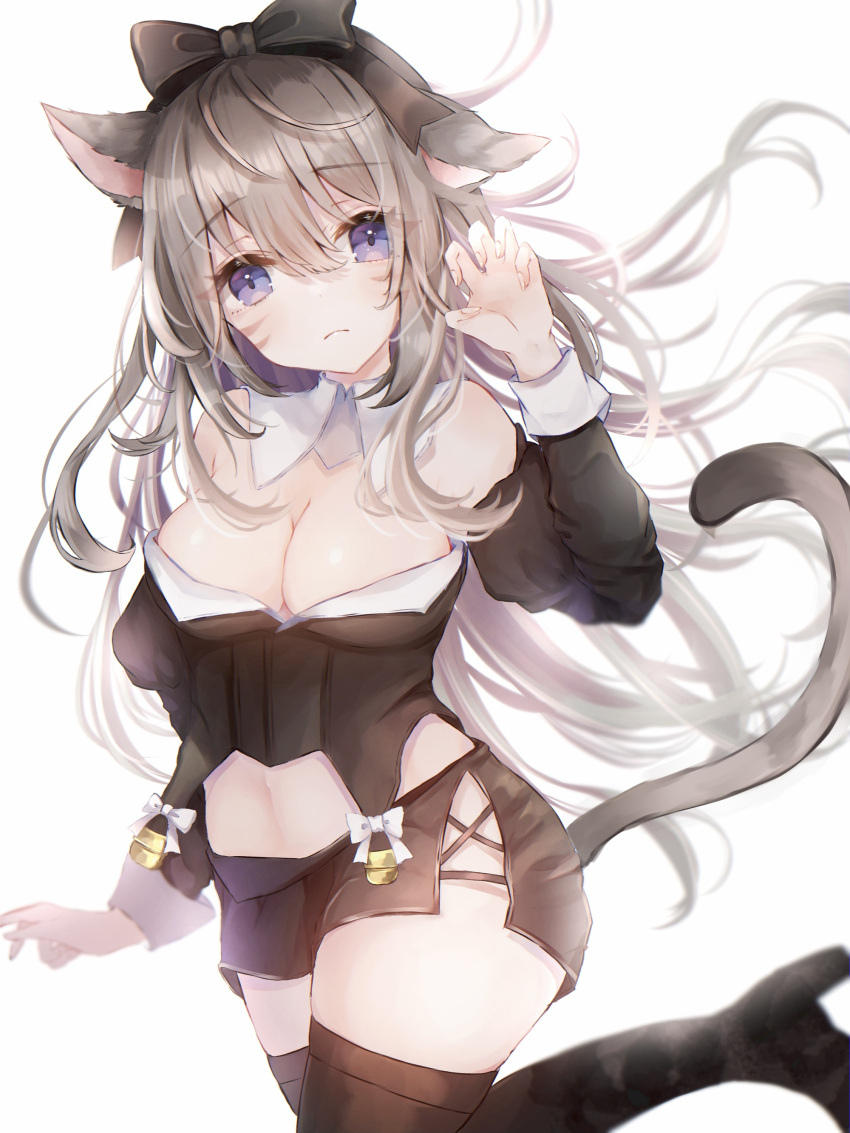 1girl absurdres animal_ears avatar_(ff14) black_legwear bow breasts brown_hair cat_ears cat_tail claw_pose cleavage closed_mouth detached_collar eyebrows_visible_through_hair facial_mark final_fantasy final_fantasy_xiv hair_between_eyes hair_bow highres long_hair looking_at_viewer miqo'te purple_eyes sakura_mochiko skirt solo strapless tail thighhighs whisker_markings white_background