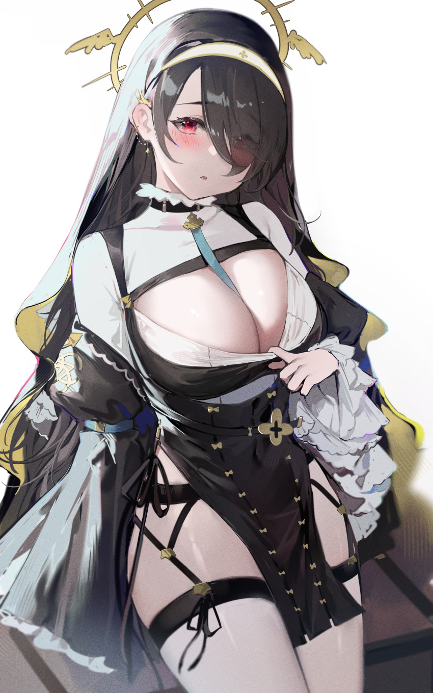 1girl absurdres bangs black_dress black_hair blue_archive blush breasts cleavage clothes_lift clothes_pull dress earrings eyebrows_visible_through_hair garter_straps hair_over_one_eye highres hinata_(blue_archive) jewelry large_breasts long_hair looking_at_viewer nun open_mouth pulled_by_self red_eyes solo thigh_strap thighhighs thighs very_long_hair white_legwear yamiiv