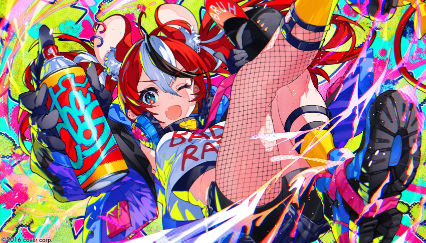 1girl ahoge animal_ear_fluff animal_ears asymmetrical_legwear bangs baseball_cap black_gloves black_hair blue_eyes collar company_name crop_top eyebrows_visible_through_hair fang fishnets gloves hair_between_eyes hakos_baelz hat headphones headphones_around_neck highres holding hololive hololive_english jacket long_hair looking_at_viewer midriff mika_pikazo mouse_ears mouse_girl mouse_tail multicolored_background multicolored_hair one_eye_closed open_mouth purple_jacket red_hair ribbon shirt shoes smile sneakers solo spray_can tail tail_ornament tail_ribbon thumbs_up twintails virtual_youtuber watermark white_hair white_shirt