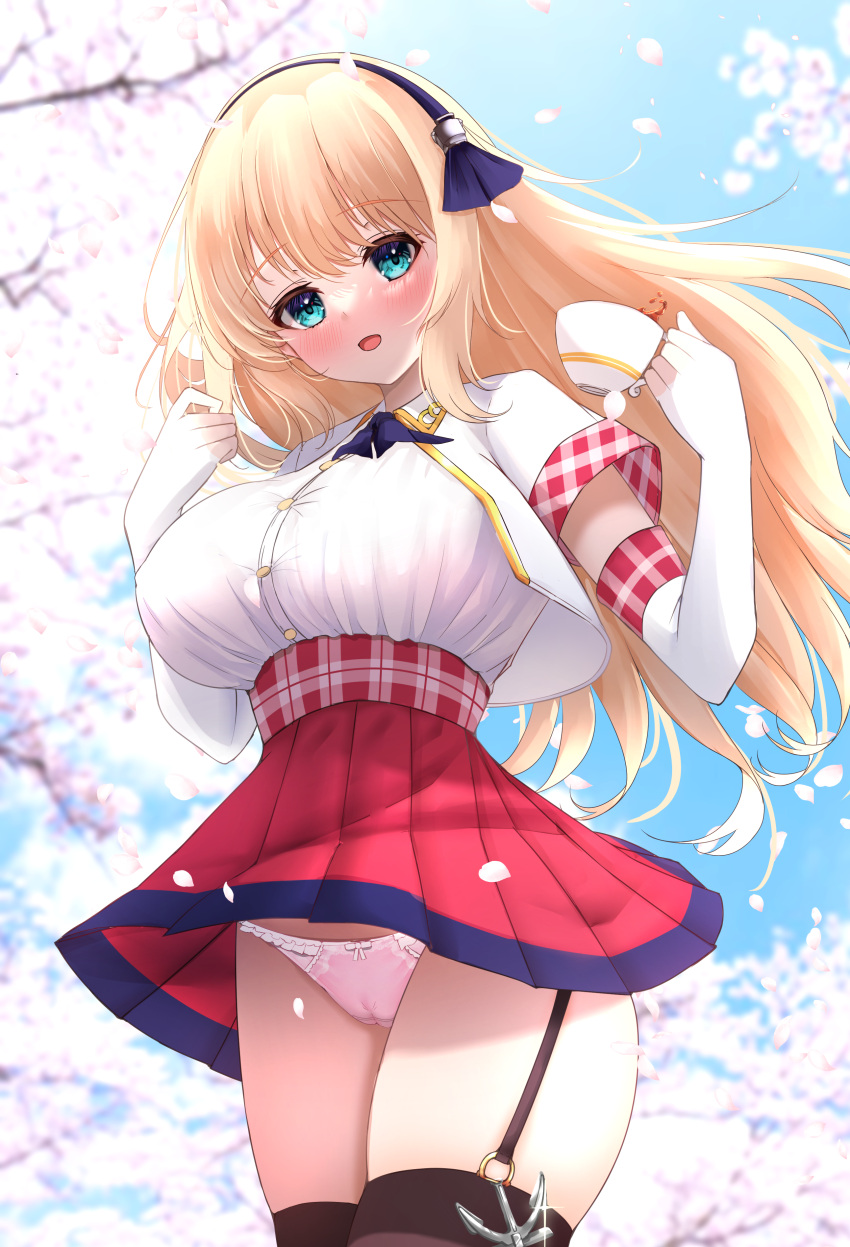 1girl absurdres alternate_breast_size anchor_symbol azur_lane balut_(7676i) blonde_hair blue_eyes breasts brown_legwear cameltoe capelet cup elbow_gloves from_below gloves high-waist_skirt highres holding holding_cup large_breasts leander_(azur_lane) long_hair looking_at_viewer looking_down miniskirt open_mouth outdoors panties pantyshot petals pink_panties pleated_skirt red_skirt retrofit_(azur_lane) skirt solo tea thighhighs underwear