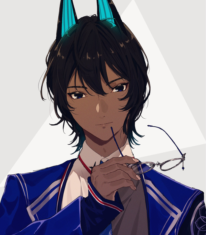 1boy :| arjuna_(fate) arjuna_alter_(fate) bangs black_eyes black_hair closed_mouth collared_shirt commentary_request dark_skin fate/grand_order fate_(series) formal fuka_(hk_nemo) glasses glowing_horns hair_between_eyes hand_up highres holding holding_eyewear horns looking_at_viewer male_focus official_alternate_costume portrait shirt short_hair smile solo white_shirt