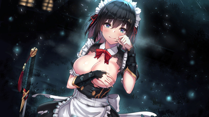 1girl apron bangs black_hair black_skirt black_sleeves blue_eyes blush bow bowtie breasts closed_mouth covering covering_one_breast detached_sleeves eyebrows_visible_through_hair frilled_apron frills game_cg hair_between_eyes hair_ribbon highres large_breasts long_hair looking_at_viewer maid maid_headdress night outdoors red_bow red_bowtie red_ribbon ribbon shiny shiny_hair skirt smile solo sword torn_clothes torn_skirt waist_apron weapon white_apron wing_collar wish_(momentum_games)