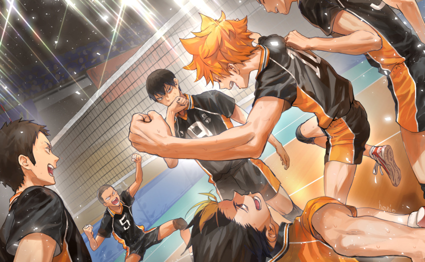 &gt;:) 6+boys 830_(hamio) bangs black_hair character_request commentary dyed_bangs haikyuu!! hair_between_eyes hinata_shouyou kageyama_tobio lens_flare light_particles multiple_boys open_mouth orange_hair sportswear sweat teeth v-shaped_eyebrows volleyball volleyball_net volleyball_uniform