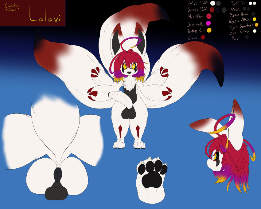 3_tails 4_arms absurd_res anthro anus balls big_anus big_balls big_penis big_tail black_flesh black_sclera butt chest_tuft fluffy fluffy_tail genitals gradient_background gradient_fur gradient_hair hair hi_res huge_penis hyper hyper_genitalia hyper_penis lalavi male model_sheet multi_arm multi_limb multi_tail narehate penis simple_background solo tuft