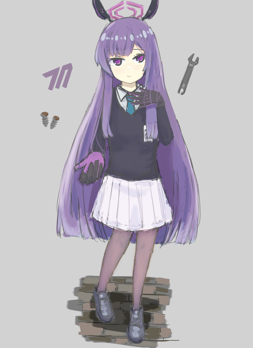 1girl absurdly_long_hair artist_request bangs black_jacket blue_archive halo headgear highres jacket long_hair long_sleeves purple_eyes purple_hair solo utaha_(blue_archive) very_long_hair