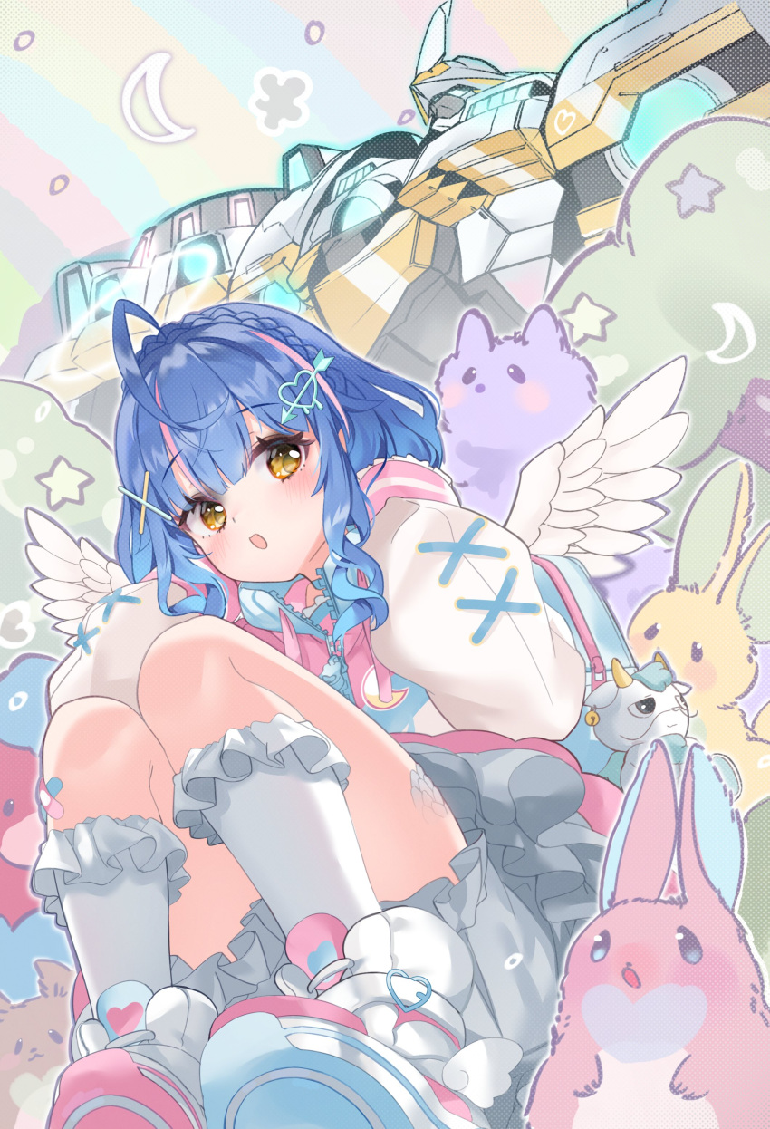 1girl :o absurdres amamiya_kokoro backpack bag blue_hair blush brown_eyes bunny cat divine_arsenal_aa-zeus_-_sky_thunder duel_monster eyebrows_visible_through_hair glowing glowing_eye grey_skirt hair_ornament heart heart_hair_ornament highres horns jacket looking_to_the_side mecha melffy_fenny melffy_puppy melffy_rabby multicolored_clothes multicolored_jacket nijisanji open_mouth pink_footwear shiromoca short_hair sitting skirt solo_focus super_robot virtual_youtuber wings yu-gi-oh!