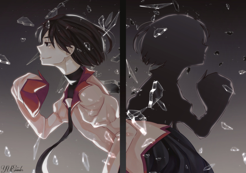 1girl absurdres artist_name bangs black_eyes black_necktie black_skirt breaking breasts broken_glass closed_mouth commentary doppelganger dual_persona english_commentary glass gradient gradient_background grey_background hair_strand highres leaning_forward long_sleeves looking_ahead monogatari_(series) naoetsu_high_school_uniform necktie oshino_ougi pale_skin pink_shirt pleated_skirt puffy_sleeves running school_uniform shaded_face shards shirt short_hair silhouette skirt sleeves_past_fingers sleeves_past_wrists small_breasts smile solo symmetry turtleneck yuevander