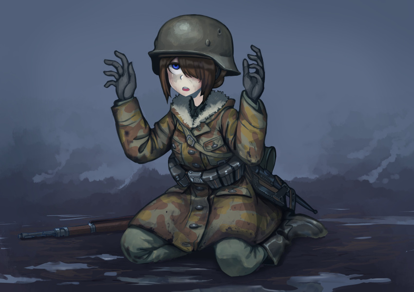 1girl absurdres belt belt_pouch black_footwear black_gloves blue_eyes boots brown_hair camouflage_coat coat commission erica_(naze1940) full_body fur_trim gloves green_pants gun hair_bun hair_over_one_eye hands_up helmet highres kneeling long_sleeves medium_hair military military_helmet military_uniform open_mouth original outdoors pants pouch rifle sidelocks solo stahlhelm twilight uniform weapon world_war_ii